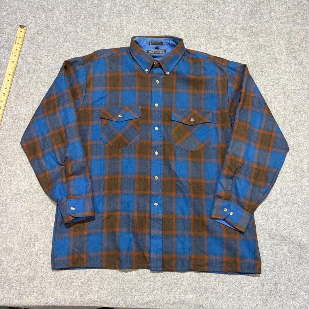 Vintage Van Heusen Winterweights Plaid Flannel Shirt Mens XL Blue Brown Acrylic